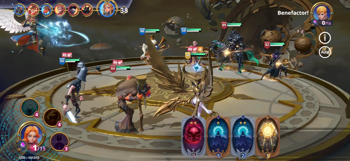 Screenshot of Champions Arena PVP match showing 4v4 characters fiighting on a small circular arena.