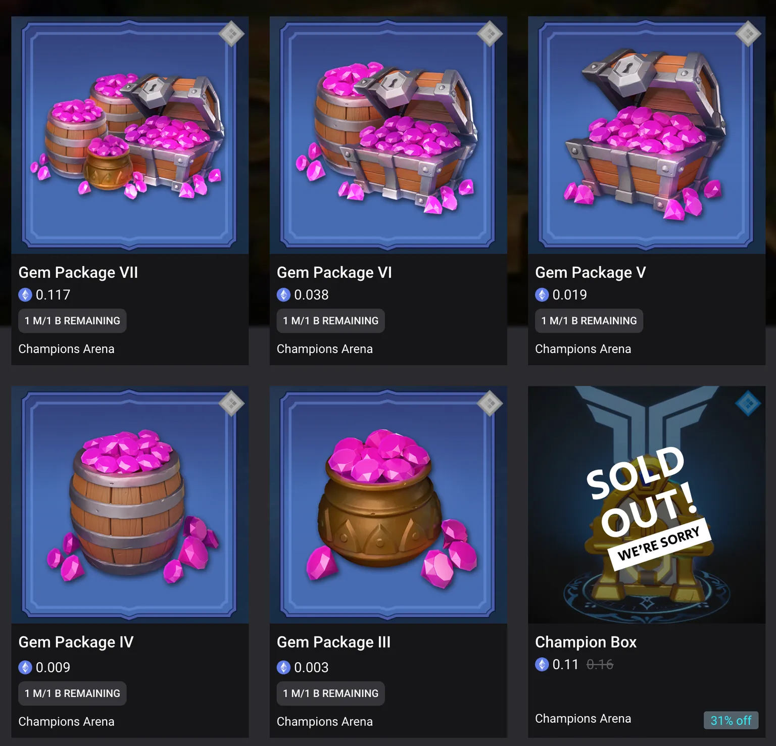 screenshot from Gala Games' website showing gem boxes with different varieties, priced in ETH.