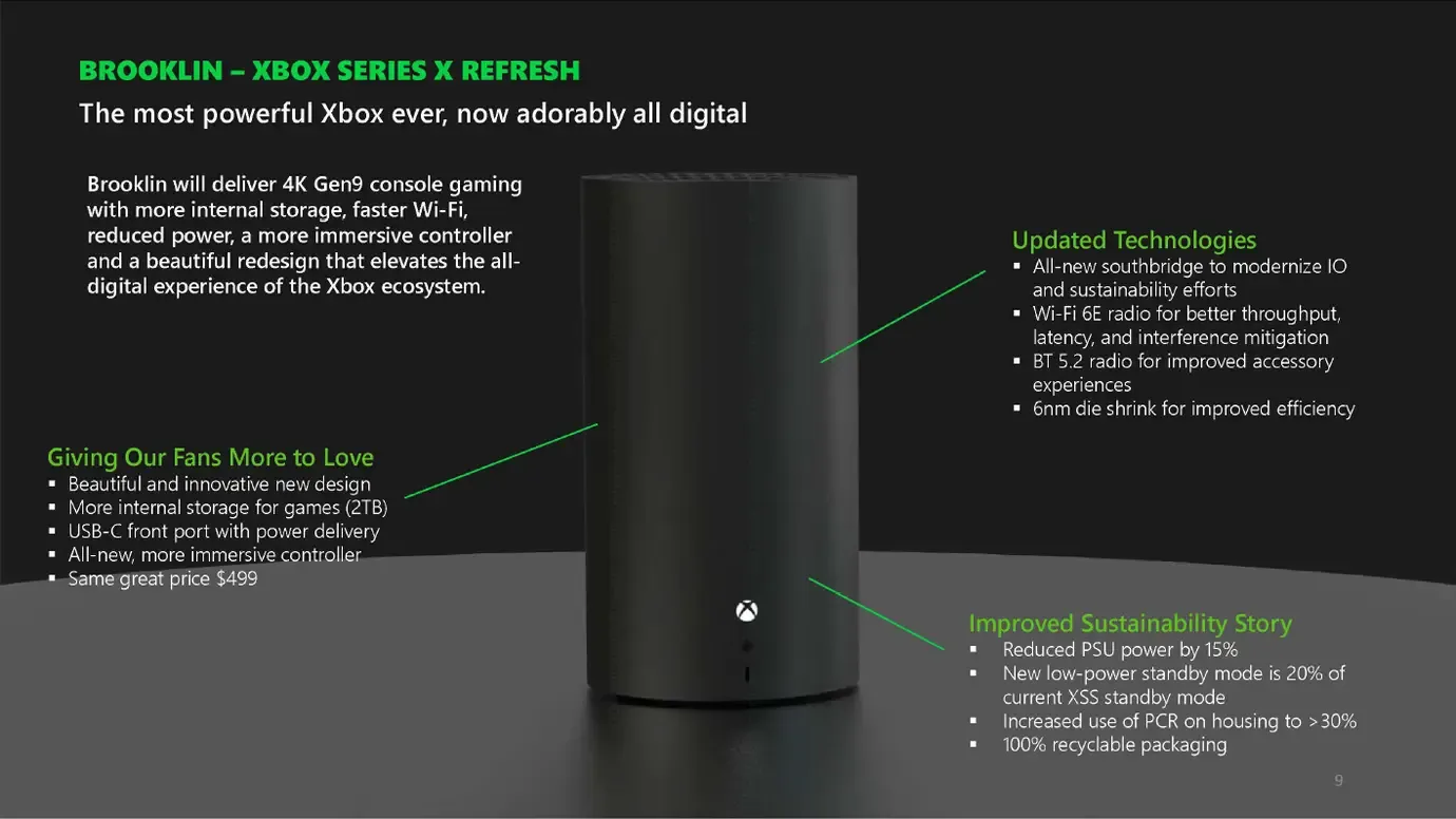 Image showing cylindrical black Brooklin Series X console with information about its improved energy efficiency, speakers, and WiFi.