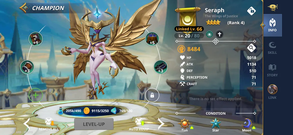Screenshot showing angelic alien-like character, Seraph, and her upgraded equipment, level, and stats.