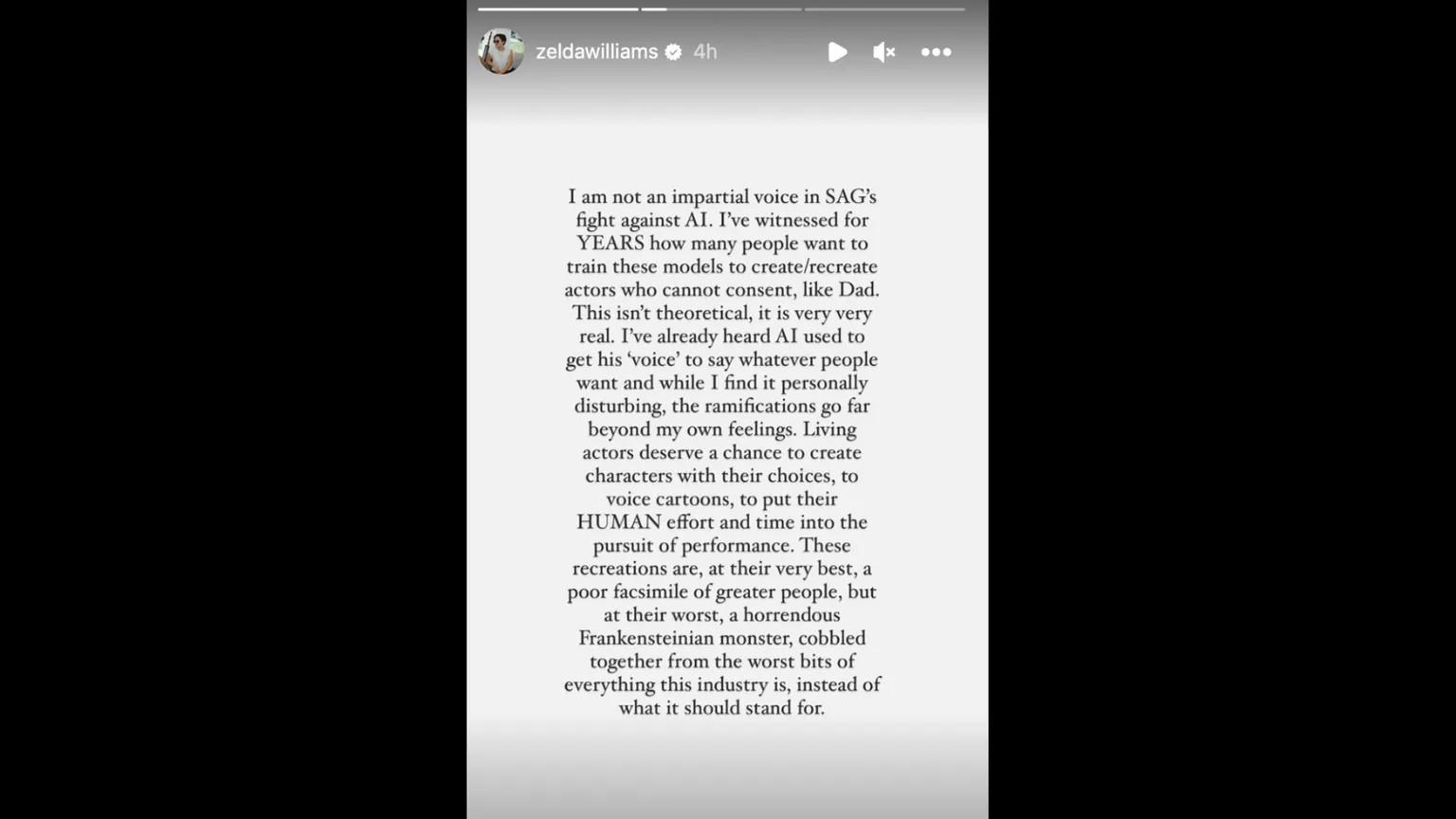 Mensagem IG de Zelda Williams sobre o deepfake de IA de seu pai.