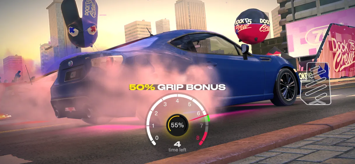 game screenshot showing blue Subaru receiving a "grip bonus" because of user's pre-match acceleration technique.