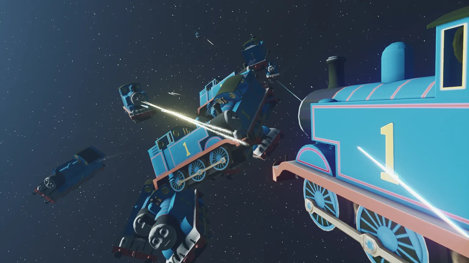 3D rendered game screenshot from Starfield, showing many Thomas the Tank Engines battling each other with lasers in space.