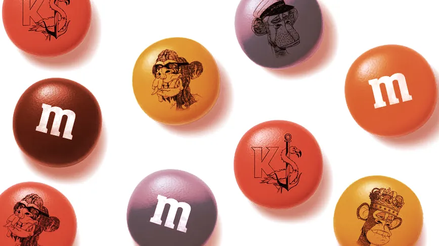 Bored Ape Yacht Club and Kingship virtual band imagery on M&M's candy. Image: Mars