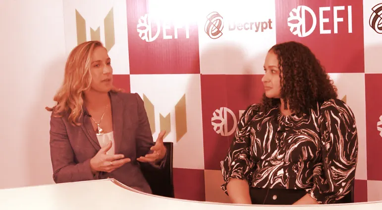 Coinbase's Kara Calvert talks to Decrypt's Stacy Elliott at Messari Mainnet 2022 in New York