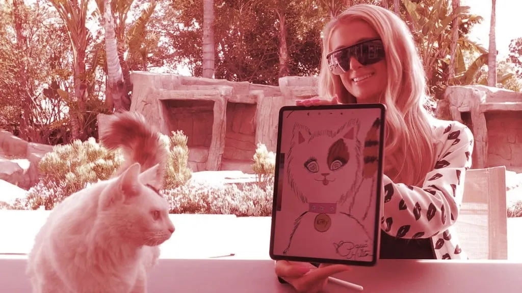 Paris Hilton convirtió una pintura de su gato Munchkin en un token no fungible de Ethereum. Imagen: Cryptograph