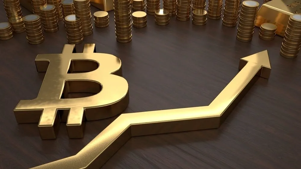 Bitcoin alongside rising stock signal. Image: Shutterstock.