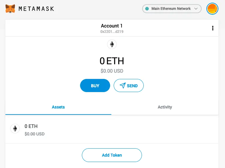 الشاشة الرئيسية لـ MetaMask