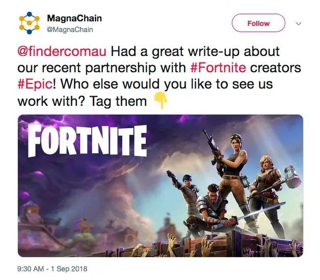 MagnaChain pumping its "partnership" with Tim Sweeney and Epic Games in a since deleted tweet.