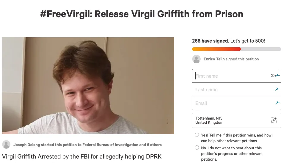 Virgil Griffith's change.org petition