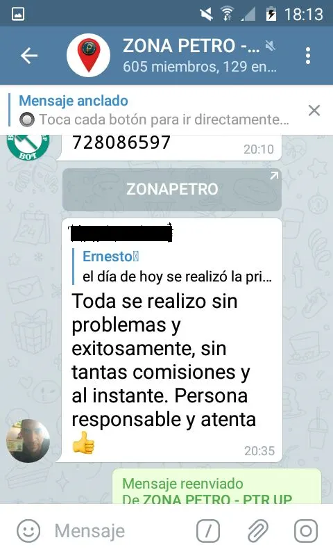 Feedback dejado por la contraparte en el grupo ZonaPetro