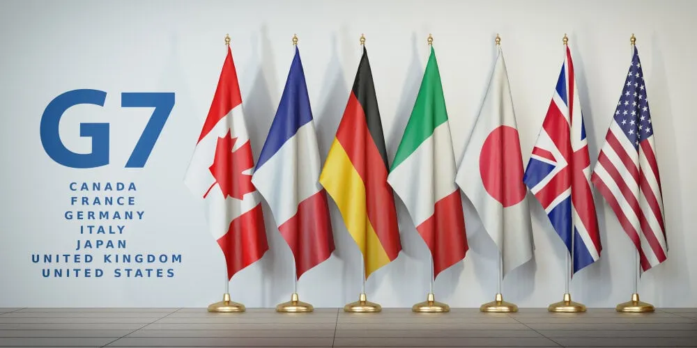 Flags representing G7 member countries. Image: Shutterstock.