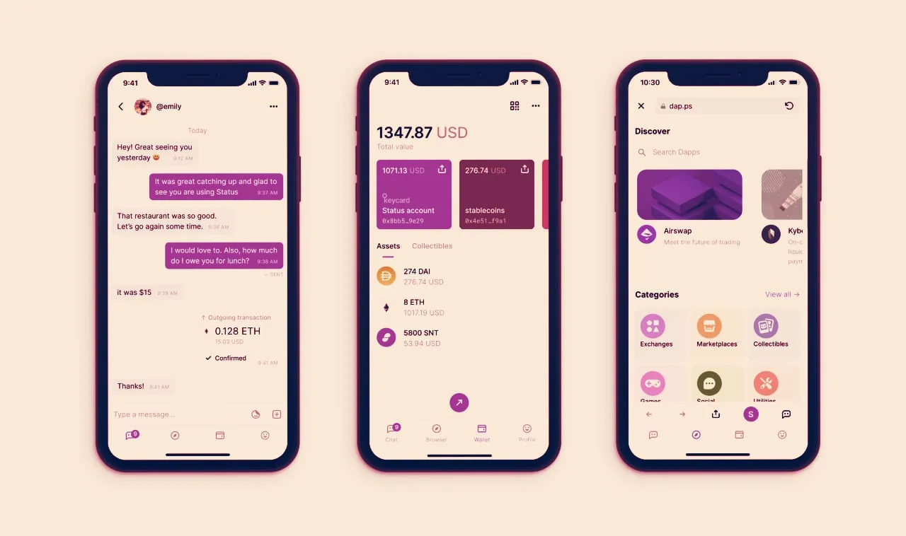 Status combines peer-to-peer IM with a crypto wallet and Web3 browser (Image: Status)