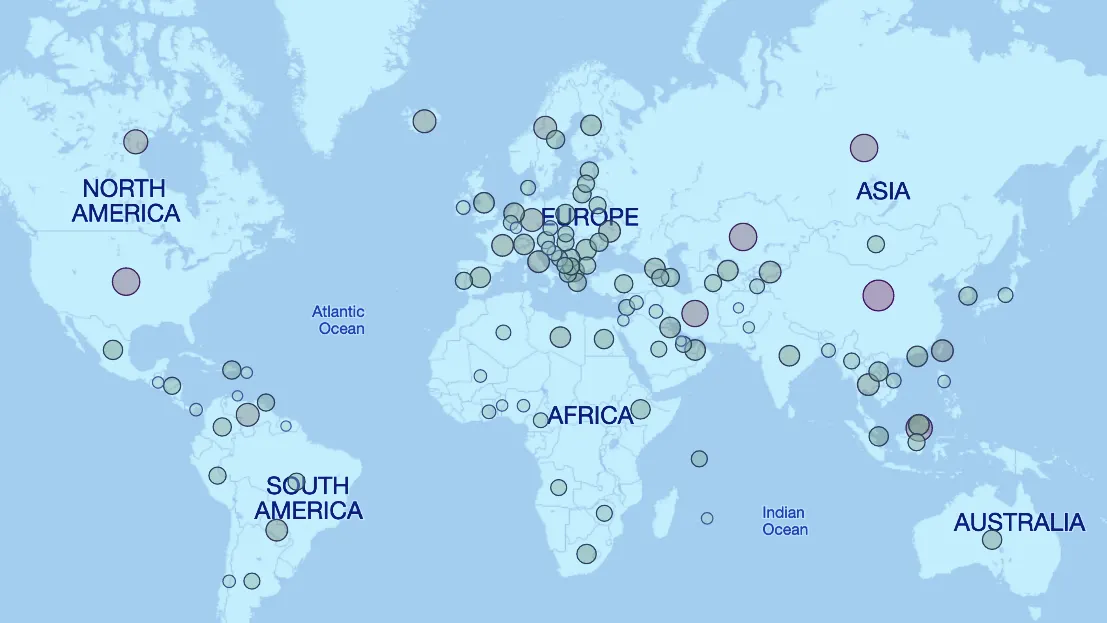 A map of the Bitcoin hash rate around the world. Image: CCAF.