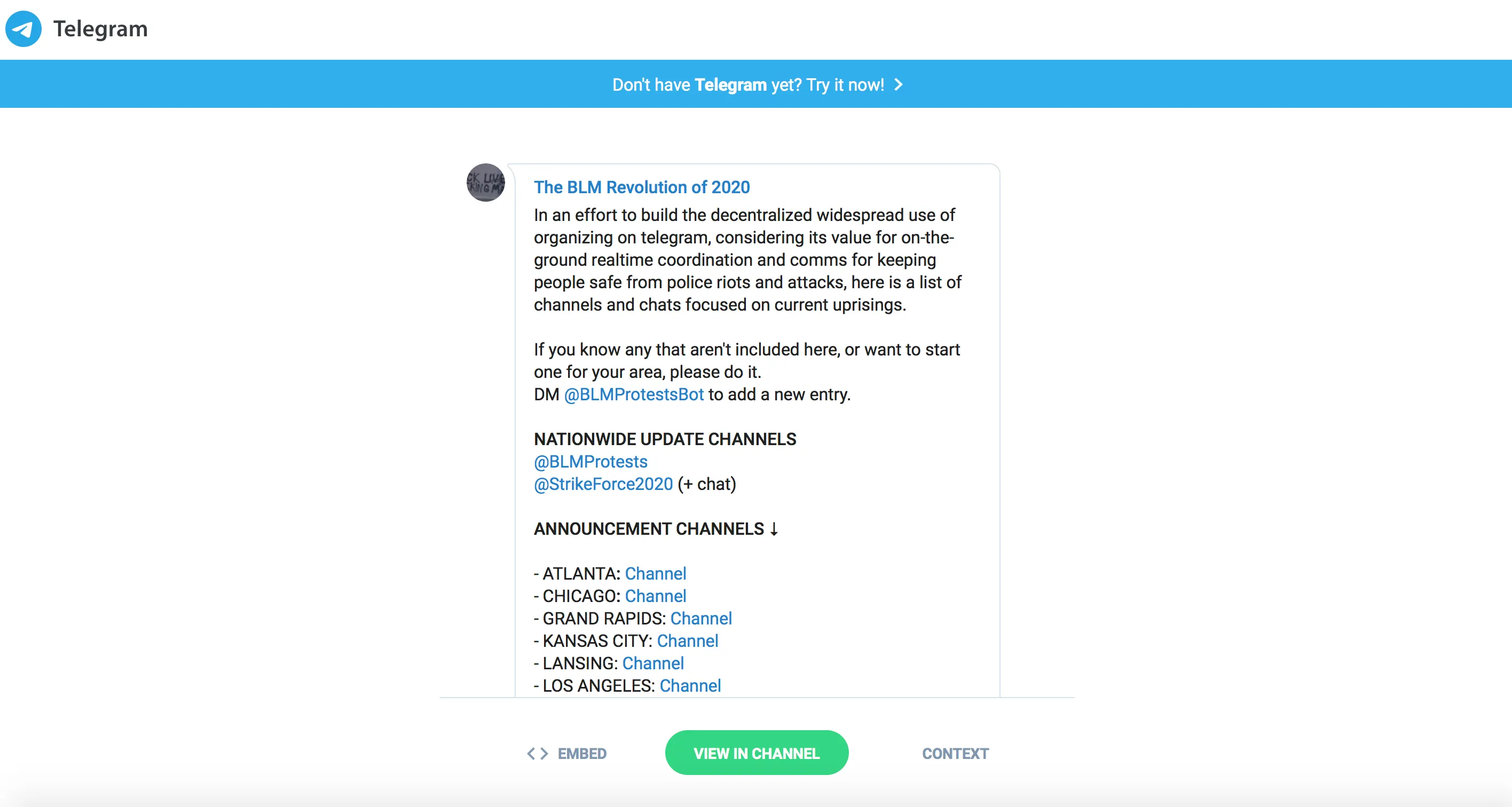 Black Lives Matter Telegram channel
