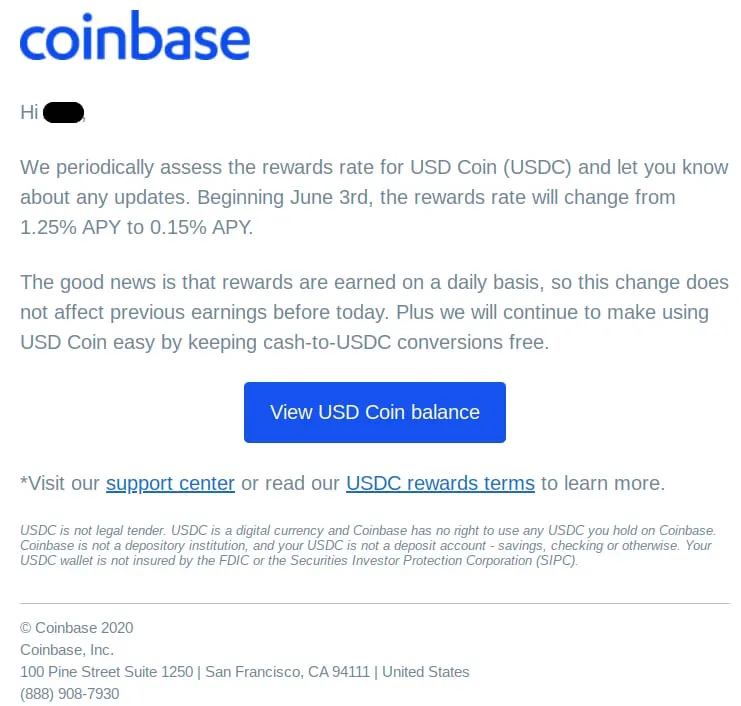 Coinbase reduces USDC rewards