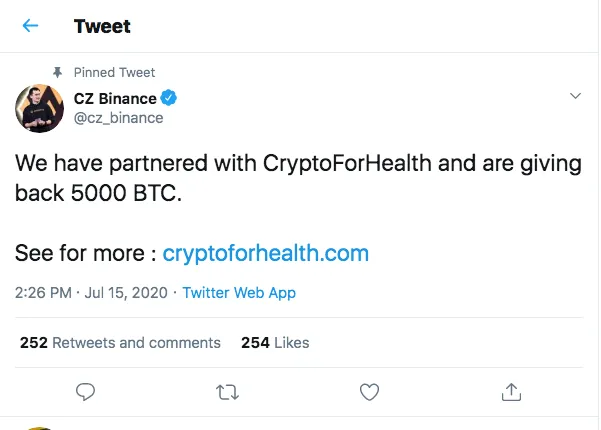 Binance CEO's tweet promoting the "CryptoForHealth" scam. Source: Twitter