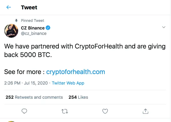 El tweet del director general de Binance promocionando la estafa "CryptoForHealth". Fuente: Twitter