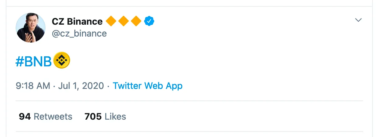 Zhao tweets BNB and a hashtag