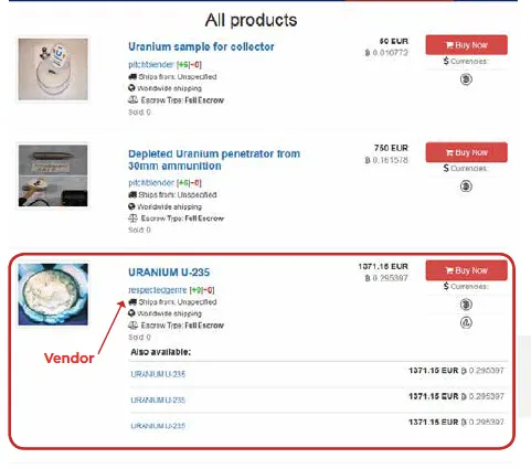 Screenshot of Berlusconi dark web market showing Uranium U-239 for sale