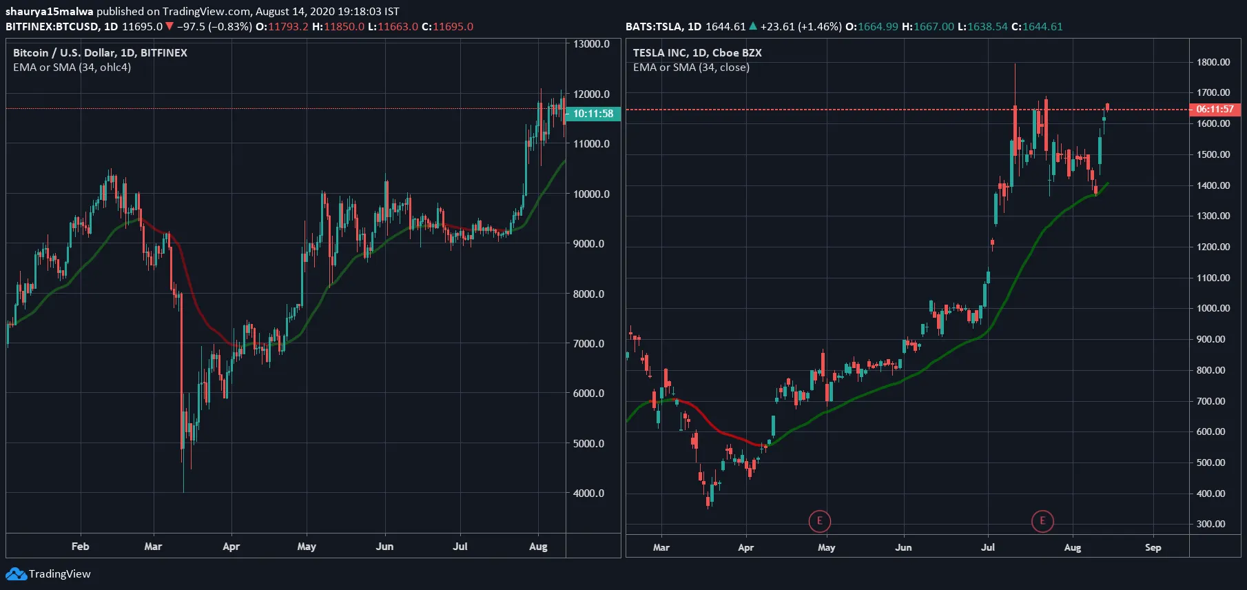 Bitcoin y Tesla han retornado más del 60% a los inversores en 2020. Imagen: TradingView