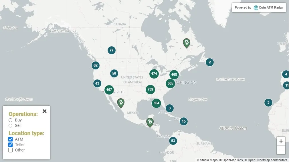 Map showing location of Bitcoin ATMs