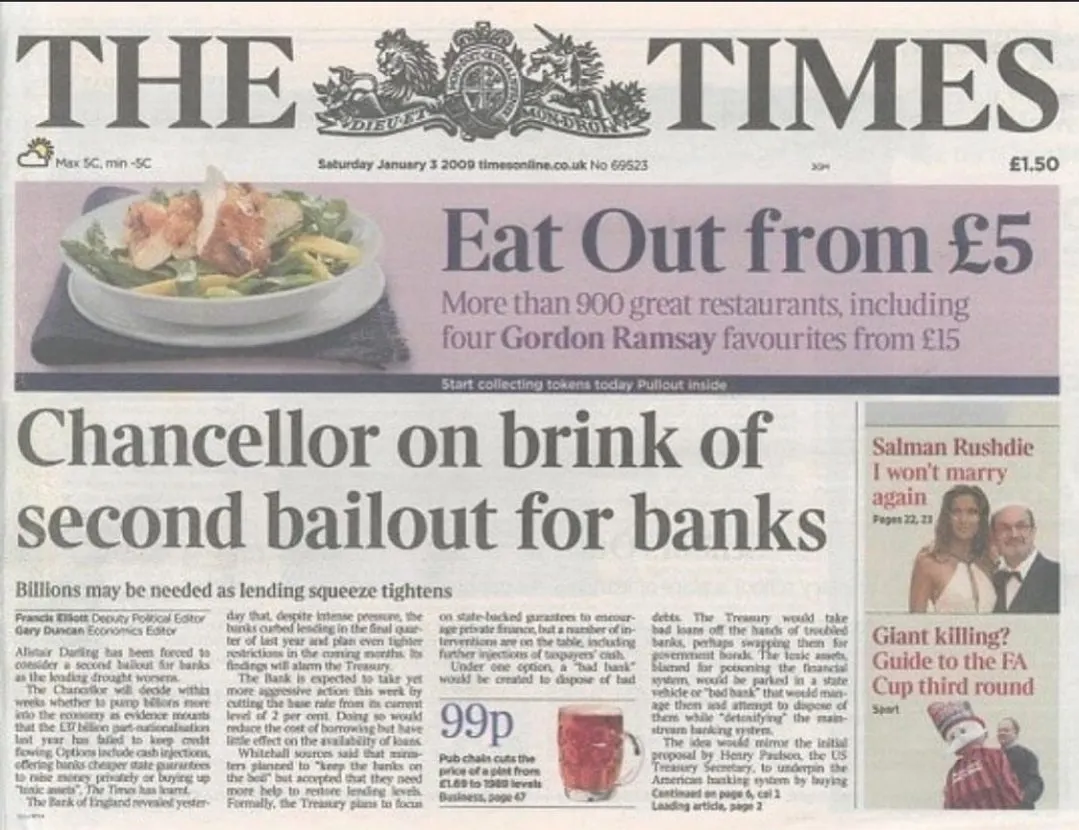 Portada de The Times referenciada por Satoshi Nakamoto