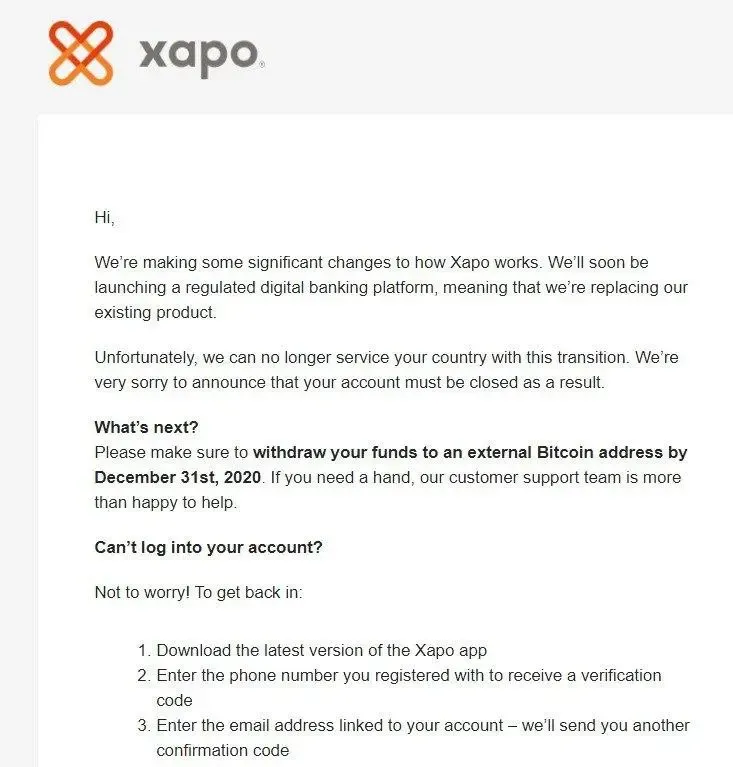 Captura del mensaje de Xapo a clientes de Venezuela