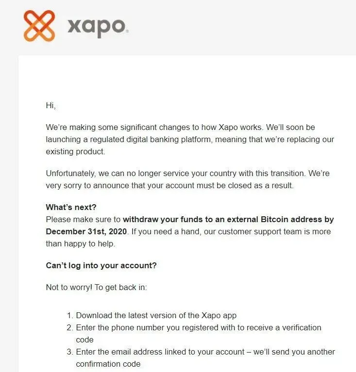 An email from Xapo sent to Venezuelan users.