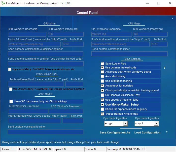 EasyMiner control panel