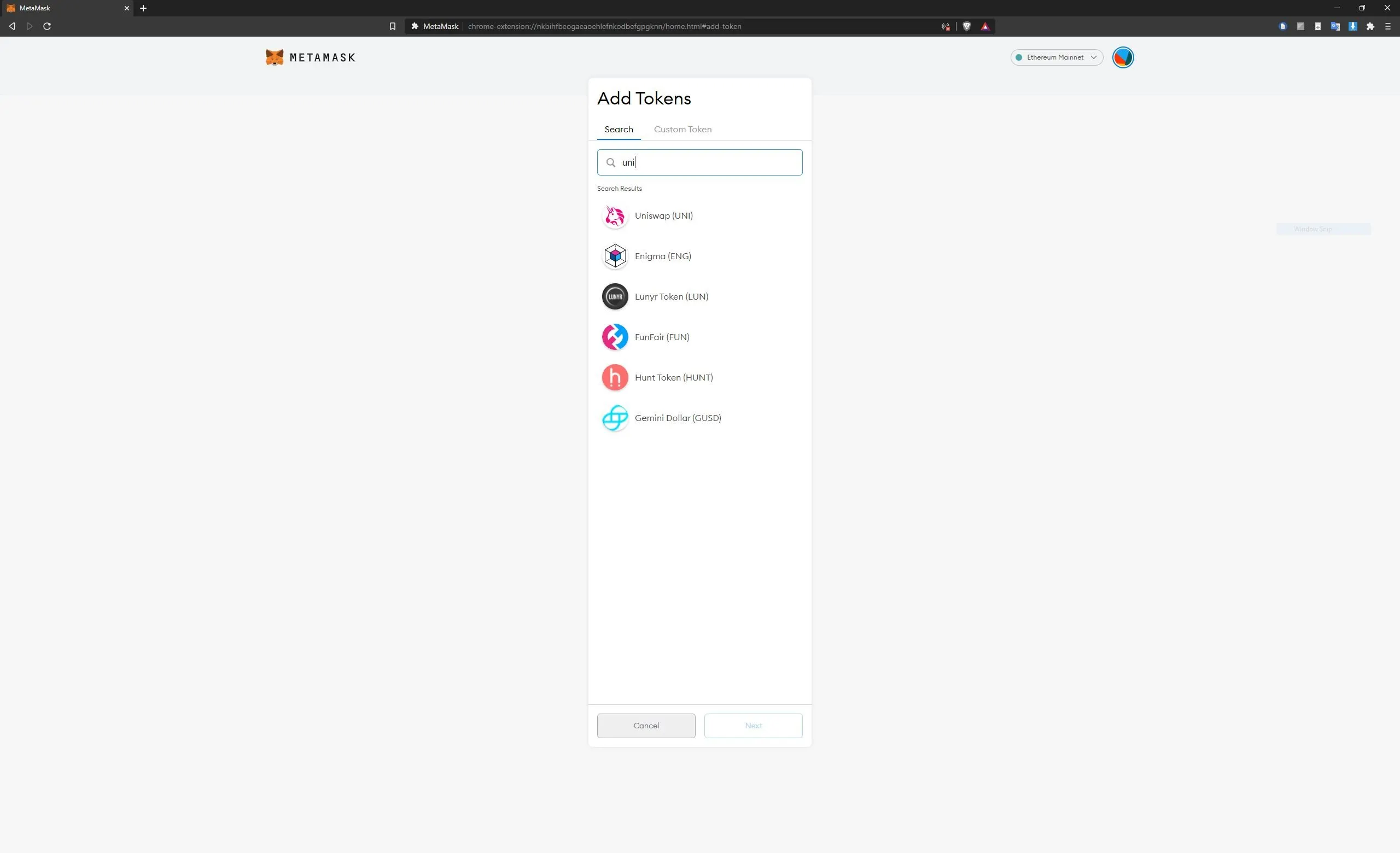 MetaMask "add tokens" screen