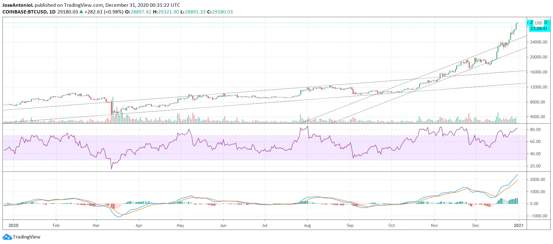 El precio de Bitcoin durante el 2020. Imagen: Tradingview