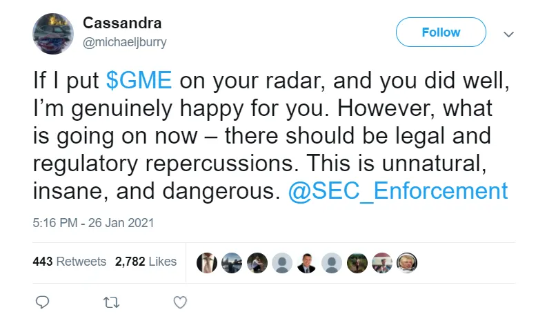 Tuit de Michael Burry sobre Gamestop