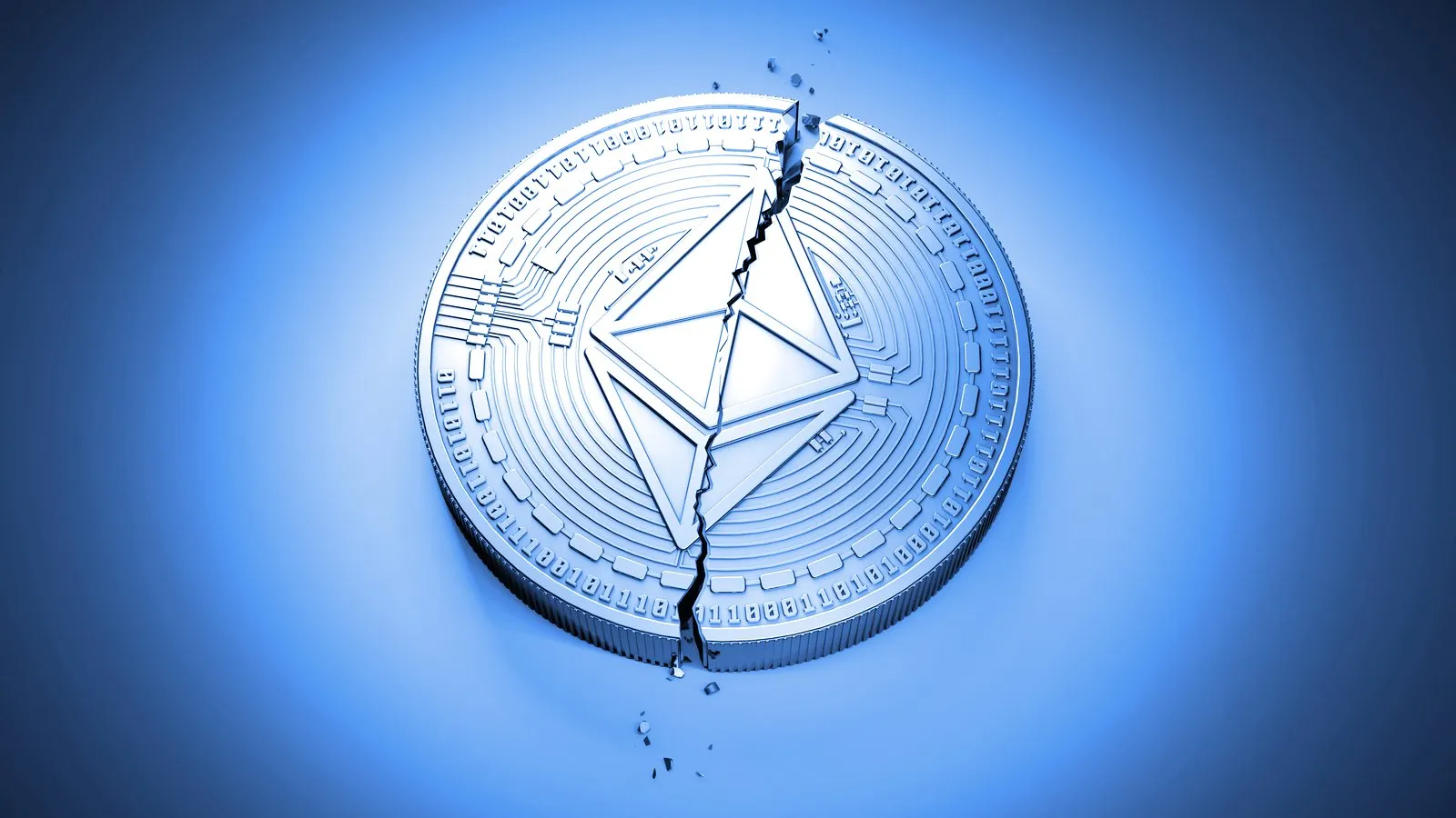 Moneda de Ethereum partiéndose en dos. Imagen: Shutterstock