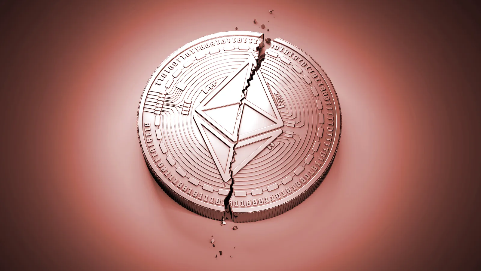 Moneda de Ethereum partiéndose en dos. Imagen: Shutterstock