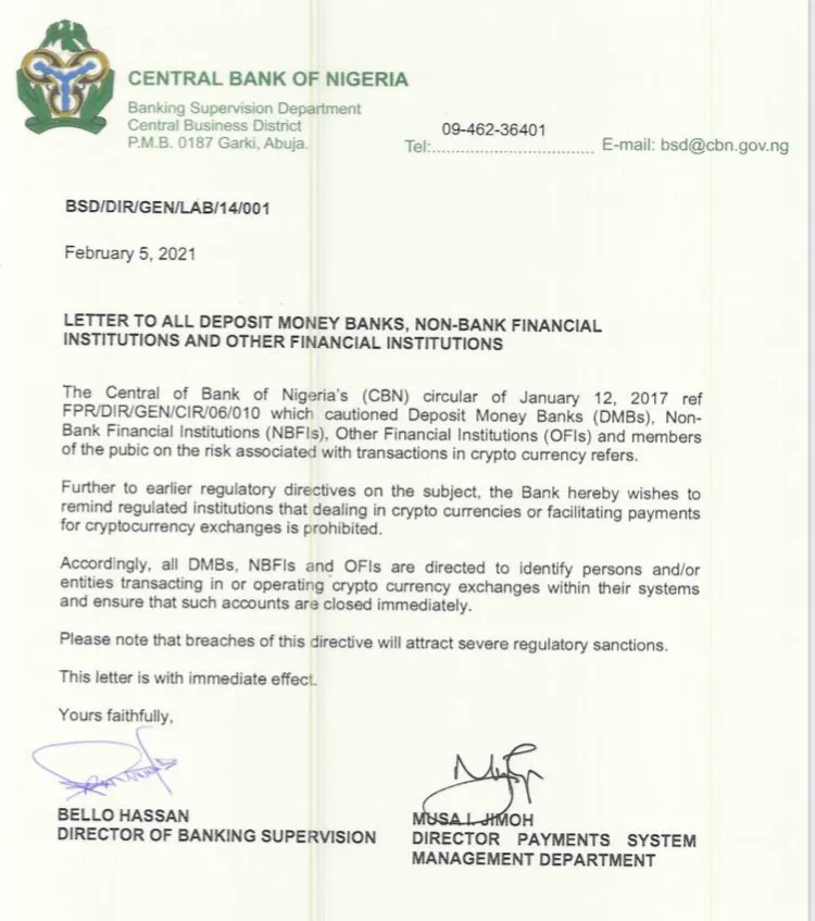 The letter sent by the Central Bank of Nigeria.