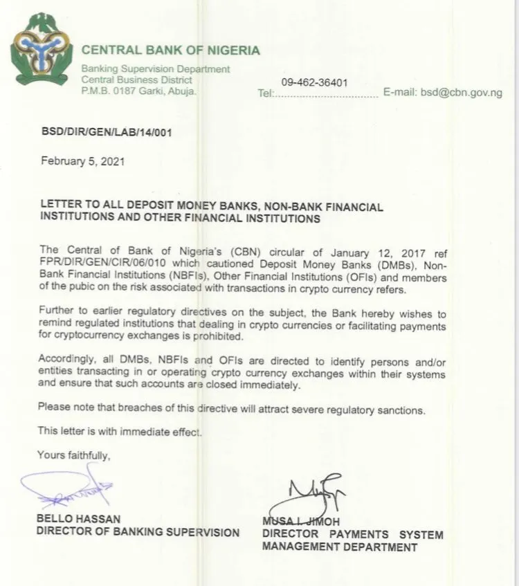 La carta del Banco Central de Nigeria