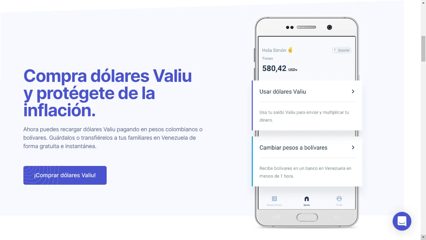 Captura de pantalla del sitio de Valiu, una startup de criptomonedas latina