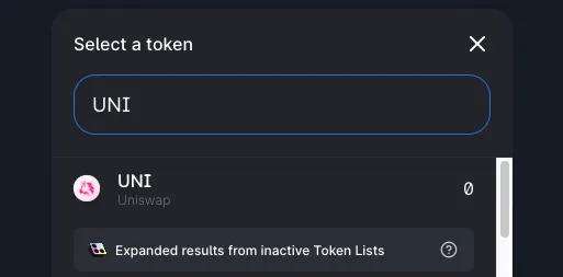 Uniswap "select token" screenshot