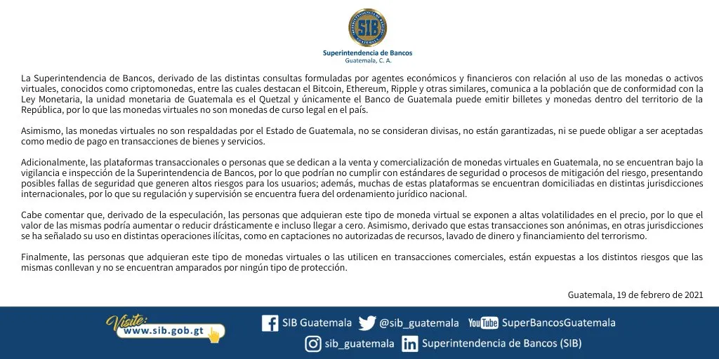 Advertencia del Banco Central de Guatemala sobre el uso de criptomonedas