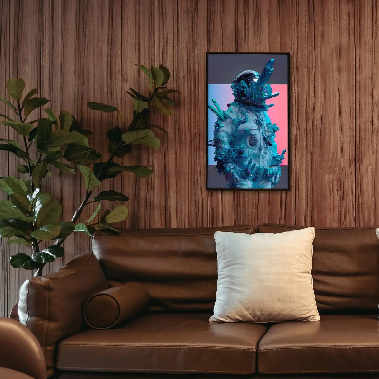 A Qonos frame above a sofa