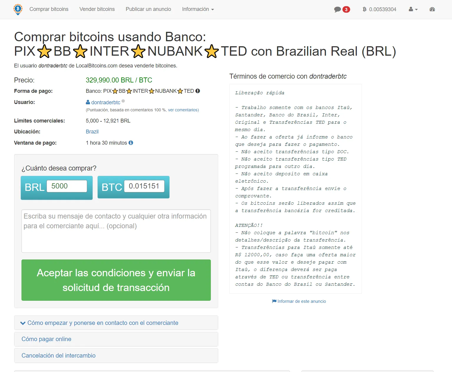 Ventana de negociación para comprar Bitcoins