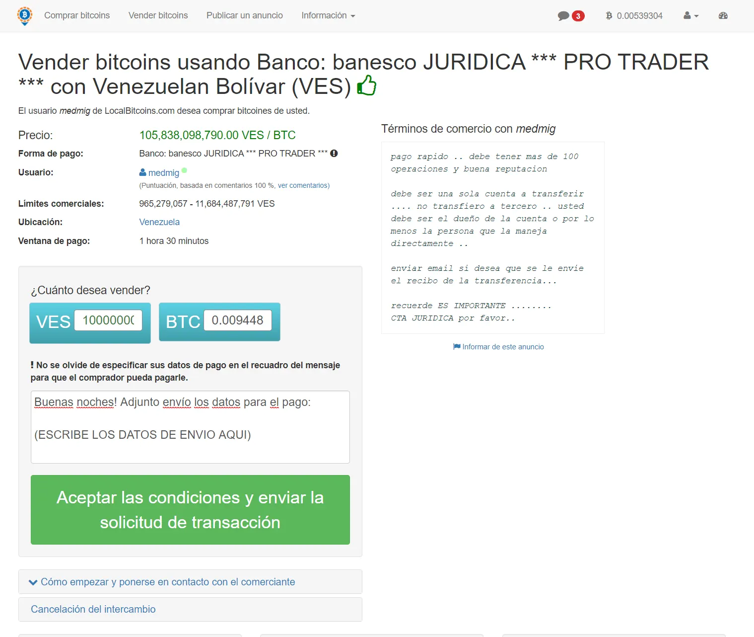 Ventana de negociación para venta de Bitcoins