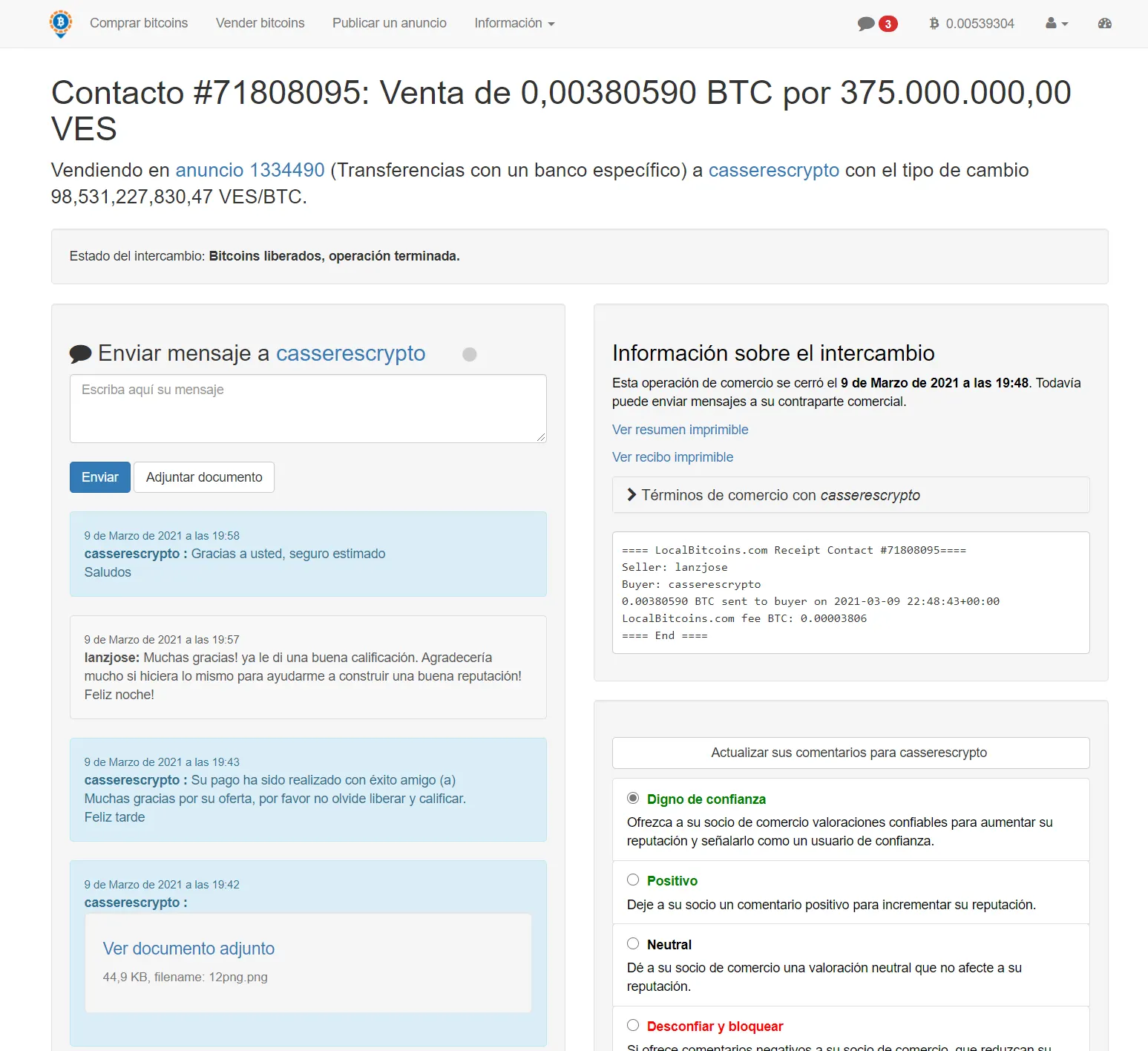 Envío de BTC finalizado