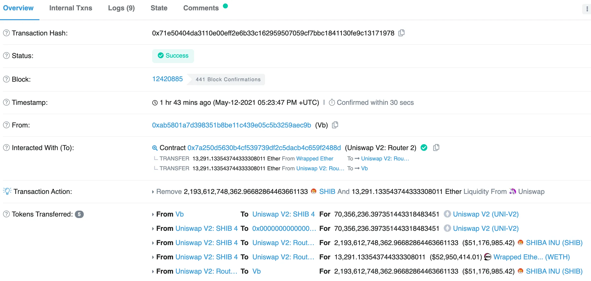 Vitalik retirando la liquidez de SHIB de Uniswap. Fuente: Etherscan