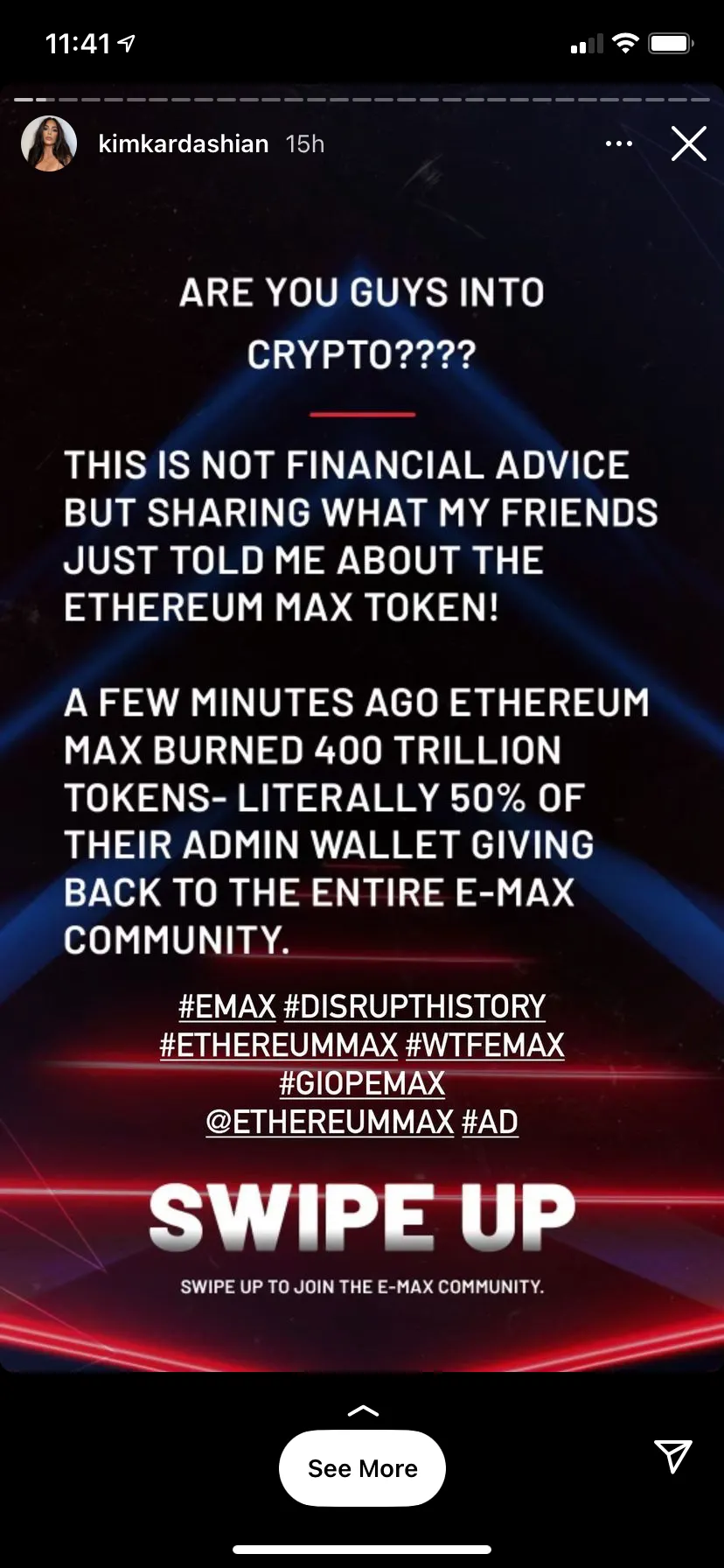 Kim Kardashian Instagram story on EthereumMax