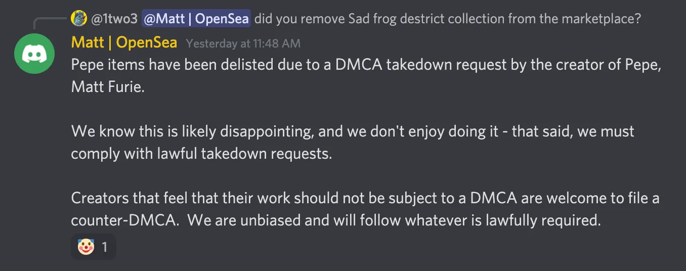 Screenshot of the DMCA takedown announcement from OpenSea's Discord channel