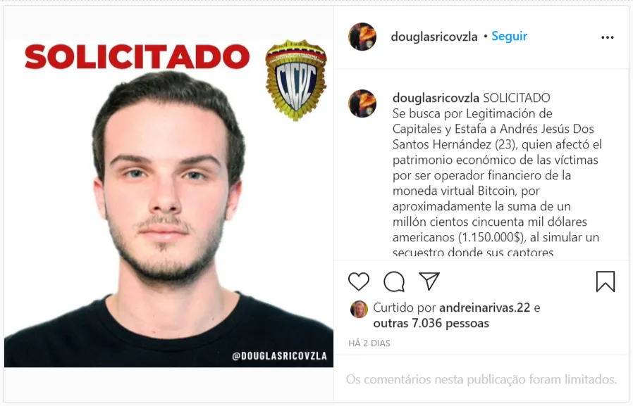 Publicación en Instagram del jefe del CICPC, Douglas Rico, sobre el supuesto robo de Bitcion. Imagen: Instagram