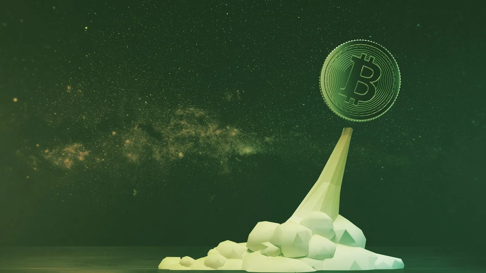 Bitcoin brillante volando como un cohete sobre un fondo rojo de espacio abierto. Imagen: Shutterstock