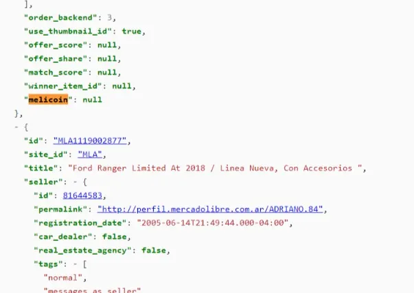 Mención a Melicoin en la API de Mercadolibre.